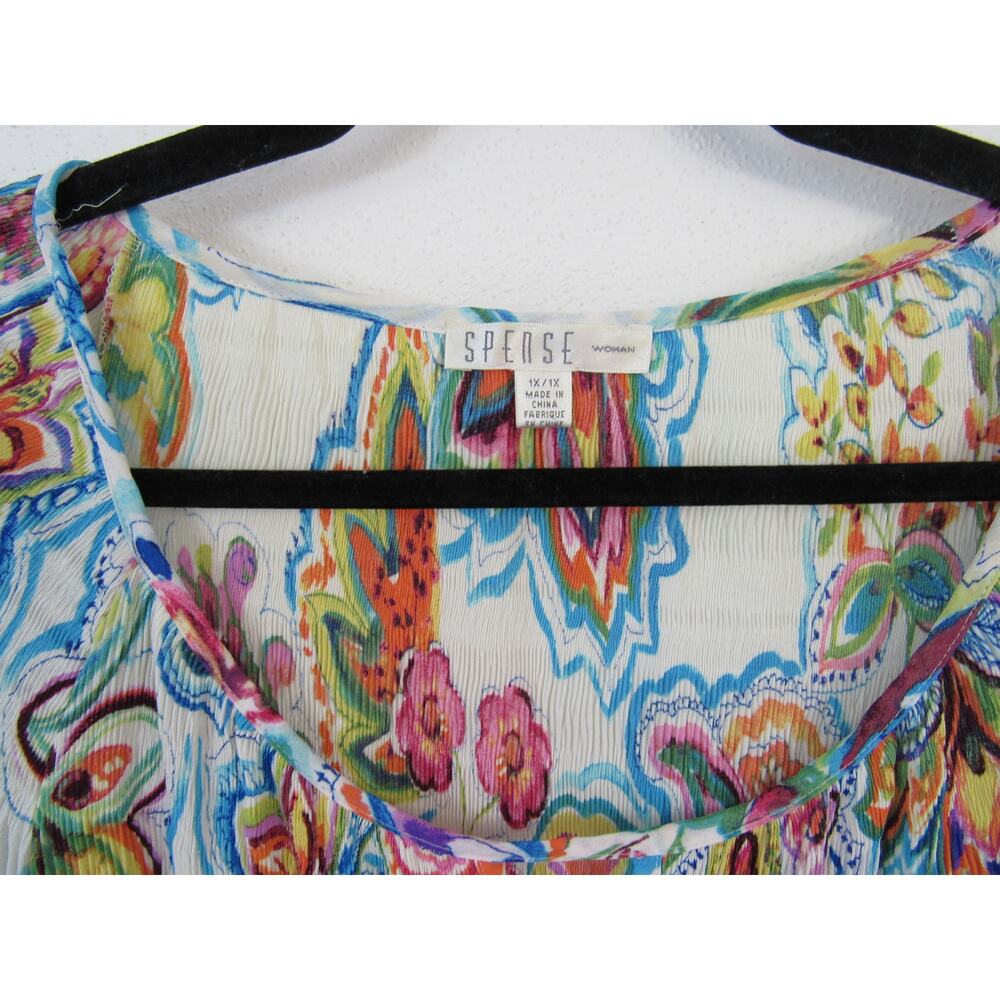 Spense 1X Semi Sheer White Blouse Multi Colored Floral Print Boho Flowy - Picture 2 of 5
